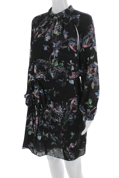 Reiss Womens Black Floral Blouson Knee Length Dress Long Sleeve Tie Neck Size 6