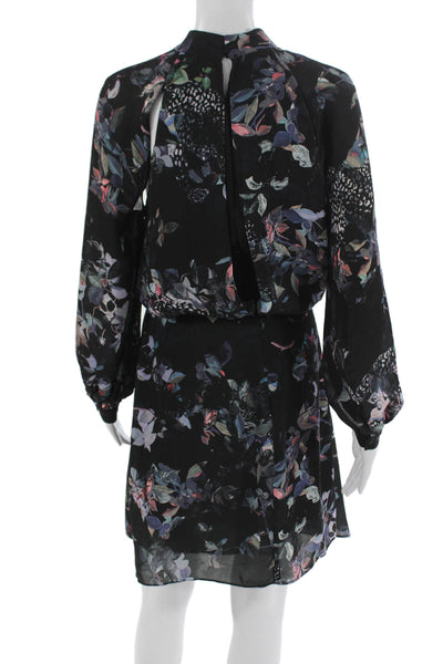 Reiss Womens Black Floral Blouson Knee Length Dress Long Sleeve Tie Neck Size 6