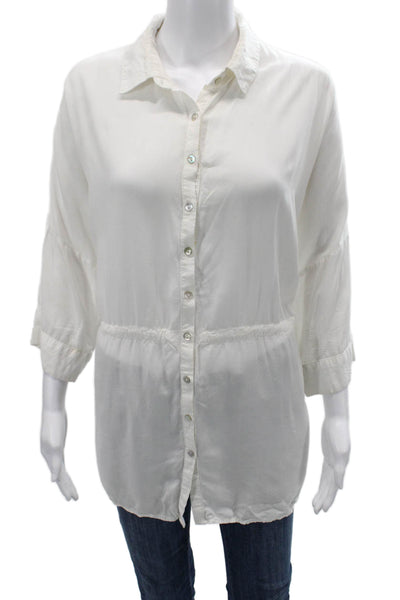 L Space Womens Basic Button-Up Collared 3/4 Sleeve White Rayon Top Size XS