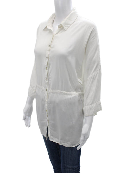 L Space Womens Basic Button-Up Collared 3/4 Sleeve White Rayon Top Size XS