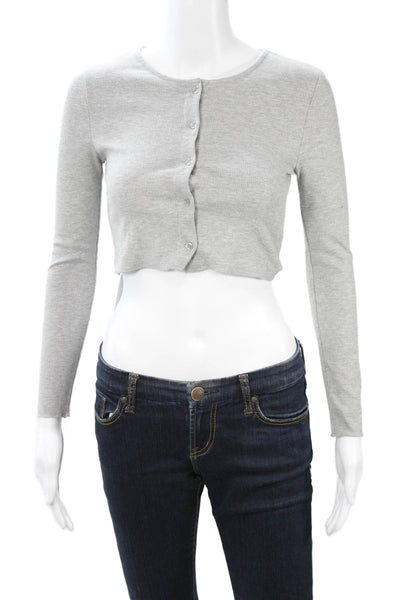 MNG Women Cropped Button Up Gray Long Sleeve Crew Neck Top Size S
