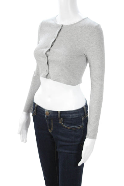 MNG Women Cropped Button Up Gray Long Sleeve Crew Neck Top Size S