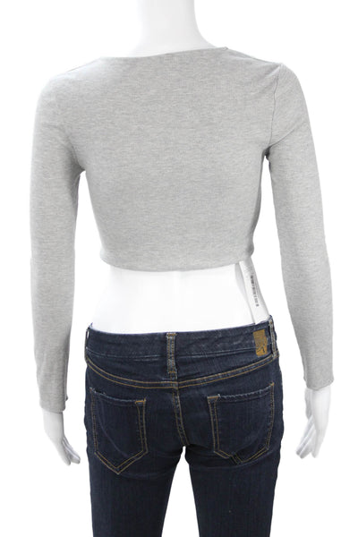 MNG Women Cropped Button Up Gray Long Sleeve Crew Neck Top Size S