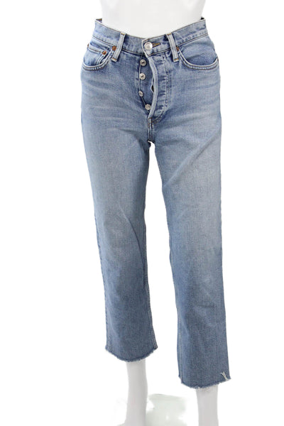 Re/Done Women High Rise Cropped Straight Jeans Blue Button Size 25
