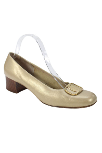 Salvatore Ferragamo Womens Block Heel Logo Detail Pumps Brown Leather Size 9.5