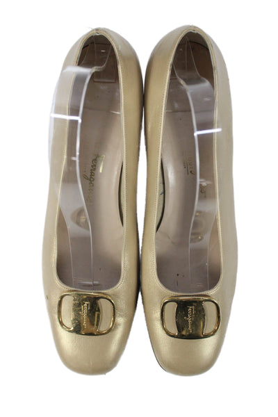 Salvatore Ferragamo Womens Block Heel Logo Detail Pumps Brown Leather Size 9.5
