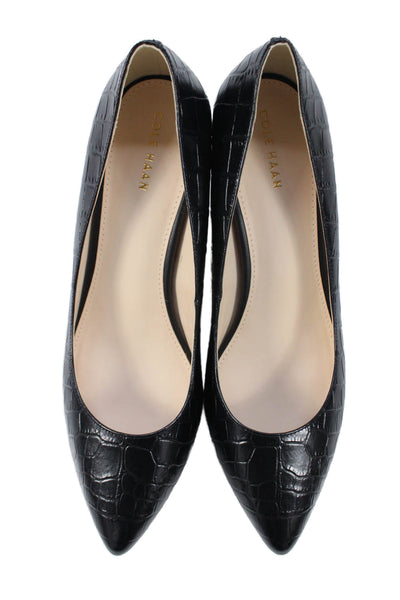 Cole Haan Womens Block Heel Pointed Toe Croc Embossed Pumps Black Size 8.5