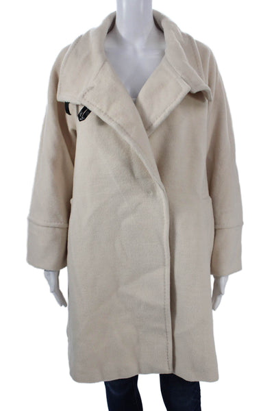 Marella Women Overcoat Beige Wool Blend Collared Buckle Long Sleeve Size M