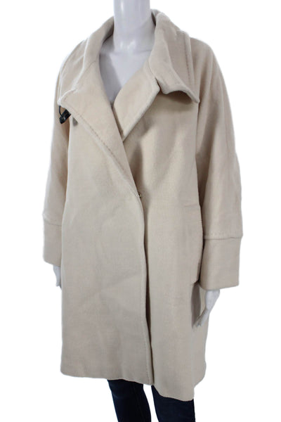 Marella Women Overcoat Beige Wool Blend Collared Buckle Long Sleeve Size M