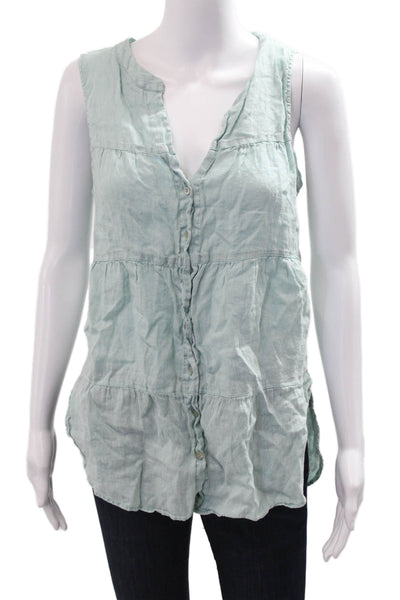 Sigrid Olsen Women Tunic Button-Up Linen V-Neck Light Blue Sleeveless Size M