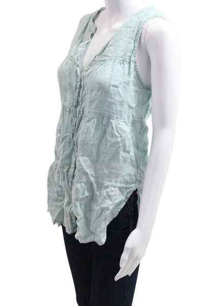 Sigrid Olsen Women Tunic Button-Up Linen V-Neck Light Blue Sleeveless Size M