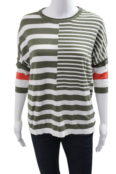 Renuar Womens Basic Striped Green Crew Neck 3/4 Sleeve T Shirt Size M