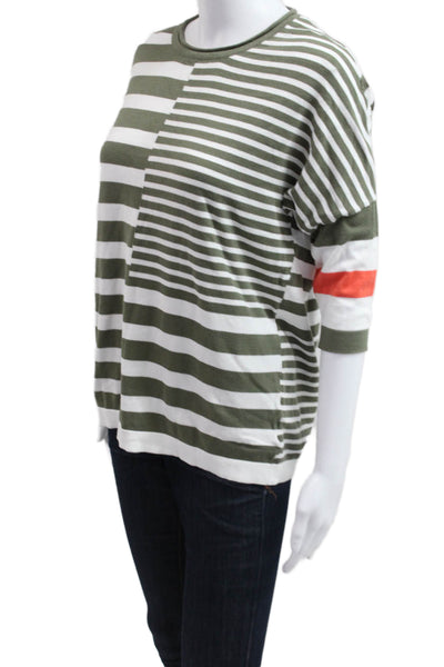 Renuar Womens Basic Striped Green Crew Neck 3/4 Sleeve T Shirt Size M