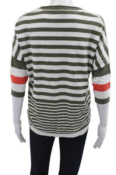 Renuar Womens Basic Striped Green Crew Neck 3/4 Sleeve T Shirt Size M