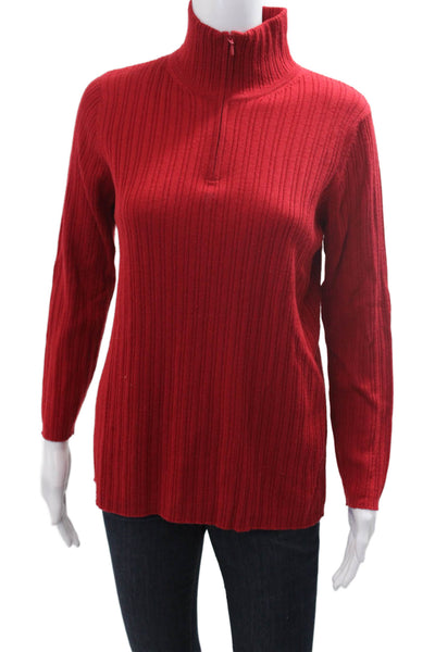 Lord & Taylor Womens Pullover Sweater Red Mock Neck Striped Merino Wool Size M
