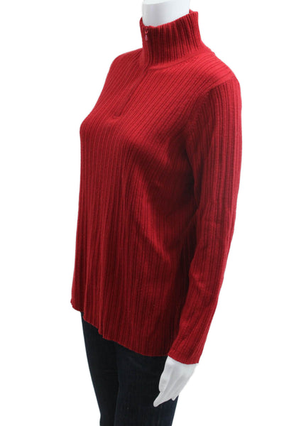 Lord & Taylor Womens Pullover Sweater Red Mock Neck Striped Merino Wool Size M