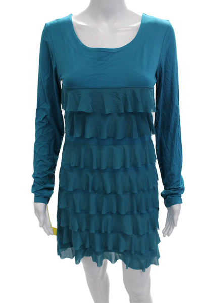Isle Womens Shift Dress Blue Long Sleeve Round Neck Cotton Tencel Size XS