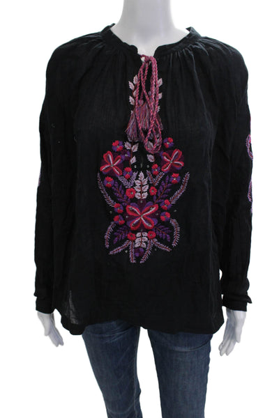 Antik Batik Womens Boho Floral Cotton Tunic Black Long Sleeve Size S