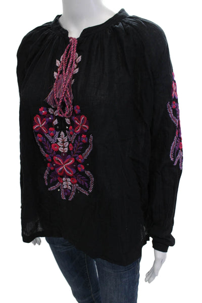 Antik Batik Womens Boho Floral Cotton Tunic Black Long Sleeve Size S