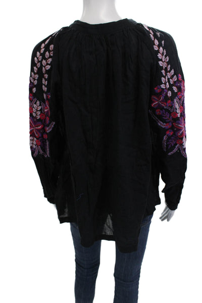 Antik Batik Womens Boho Floral Cotton Tunic Black Long Sleeve Size S