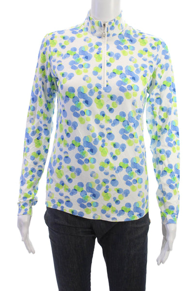 San Soleil Women Blue Polka Dot Long Sleeve Mock Neck Zip Polo Size XS