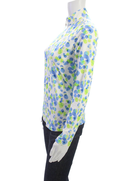 San Soleil Women Blue Polka Dot Long Sleeve Mock Neck Zip Polo Size XS