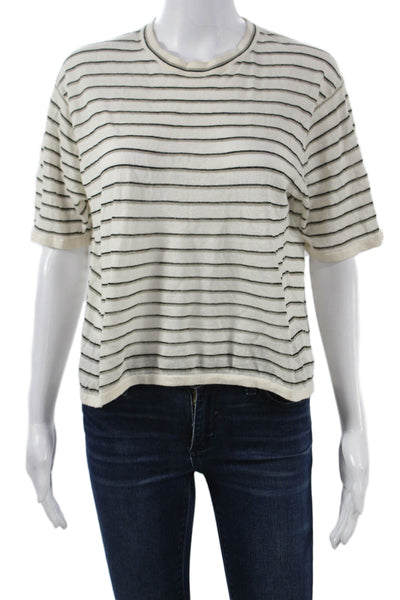 Theory Women Cropped Striped T-Shirt Short Sleeve Crew Neck Beige Size S
