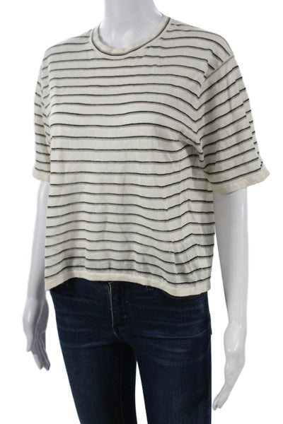 Theory Women Cropped Striped T-Shirt Short Sleeve Crew Neck Beige Size S
