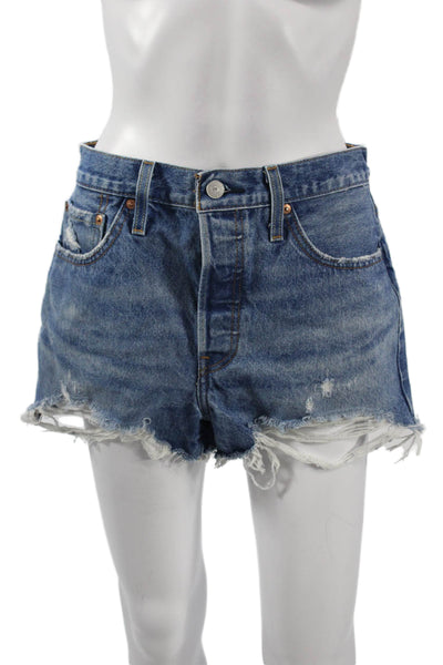 Levis Women 90s Blue 100% Cotton Solid Button Shorts Size 28