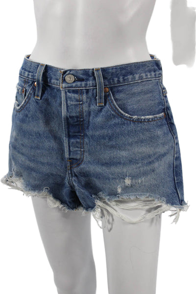 Levis Women 90s Blue 100% Cotton Solid Button Shorts Size 28