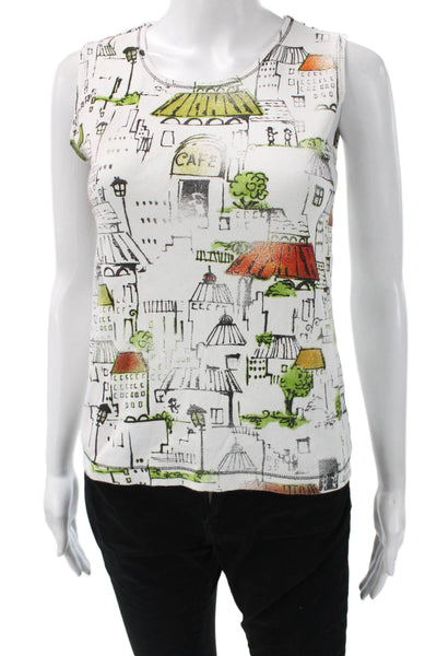 Chicos Women White 100% Cotton Basic Tank Round Neck Graphic Spring Size 0