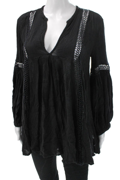Free People Women Tunic Blouse Black V-Neck Long Sleeve Cotton Bohemian Size S