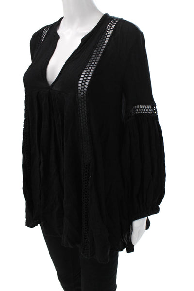 Free People Women Tunic Blouse Black V-Neck Long Sleeve Cotton Bohemian Size S