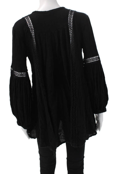Free People Women Tunic Blouse Black V-Neck Long Sleeve Cotton Bohemian Size S
