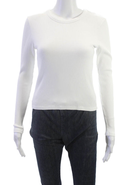 Sundry Women White Striped Long Sleeve Crew Neck Basic T-Shirt Size 1