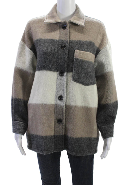 Zara Women Beige Plaid Collared Button Jacket Long Sleeve Size XS
