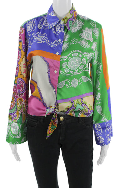 Zara Women Blue Paisley Collared Button Up Long Sleeve Blouse Size XS