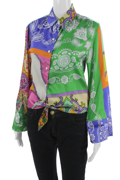 Zara Women Blue Paisley Collared Button Up Long Sleeve Blouse Size XS