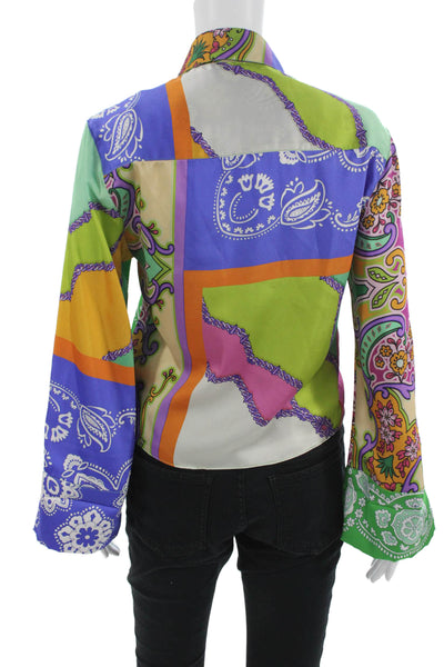 Zara Women Blue Paisley Collared Button Up Long Sleeve Blouse Size XS