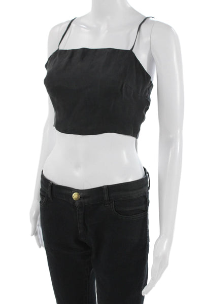 Zara Women Cropped Camisole Black Square Neck Lyocell Tie Solid Grunge Size S