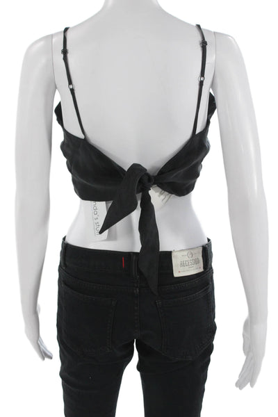 Zara Women Cropped Camisole Black Square Neck Lyocell Tie Solid Grunge Size S