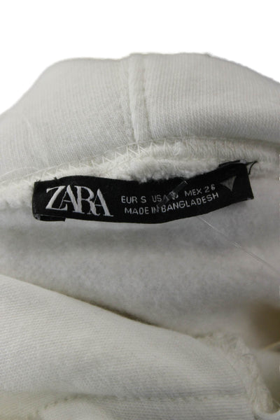 Zara Women Pullover Hoodie White Drawstring Cotton Blend Long Sleeve Size S