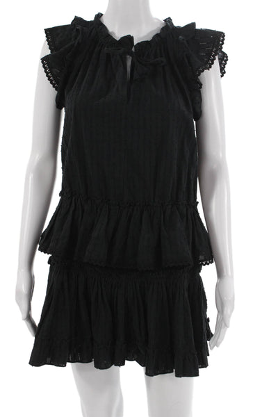 Misa Women Black Mini Sundress Cotton Short Sleeve Drawstring Size XS