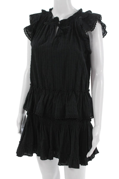Misa Women Black Mini Sundress Cotton Short Sleeve Drawstring Size XS