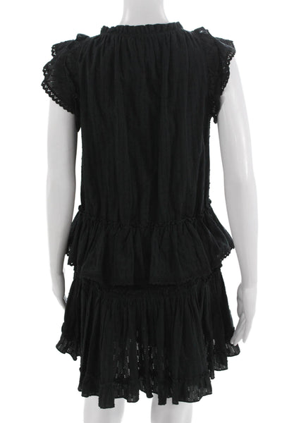 Misa Women Black Mini Sundress Cotton Short Sleeve Drawstring Size XS