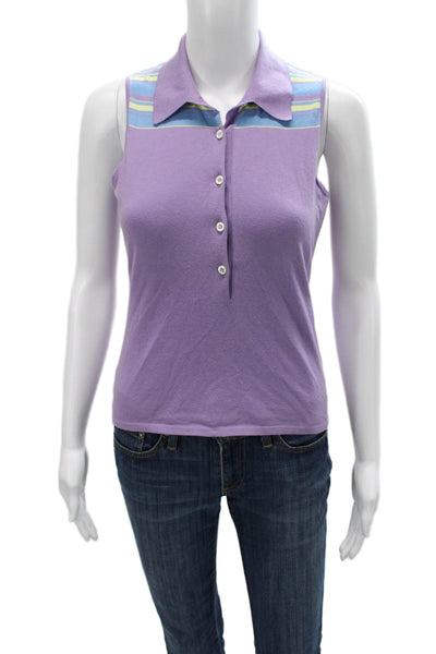 Malo Women Basic Sleeveless Polo Top Purple Striped Collared Size S