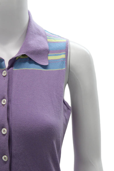 Malo Women Basic Sleeveless Polo Top Purple Striped Collared Size S