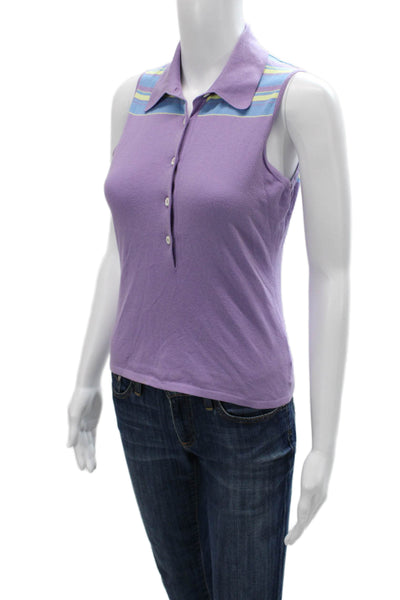 Malo Women Basic Sleeveless Polo Top Purple Striped Collared Size S