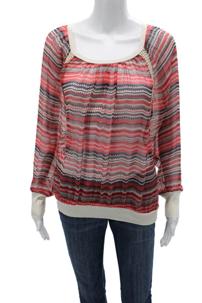 Ella Moss Women Silk Tunic Blouse Red Square Neck Long Sleeve Geometric Size L