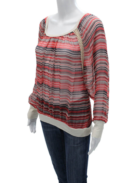 Ella Moss Women Silk Tunic Blouse Red Square Neck Long Sleeve Geometric Size L